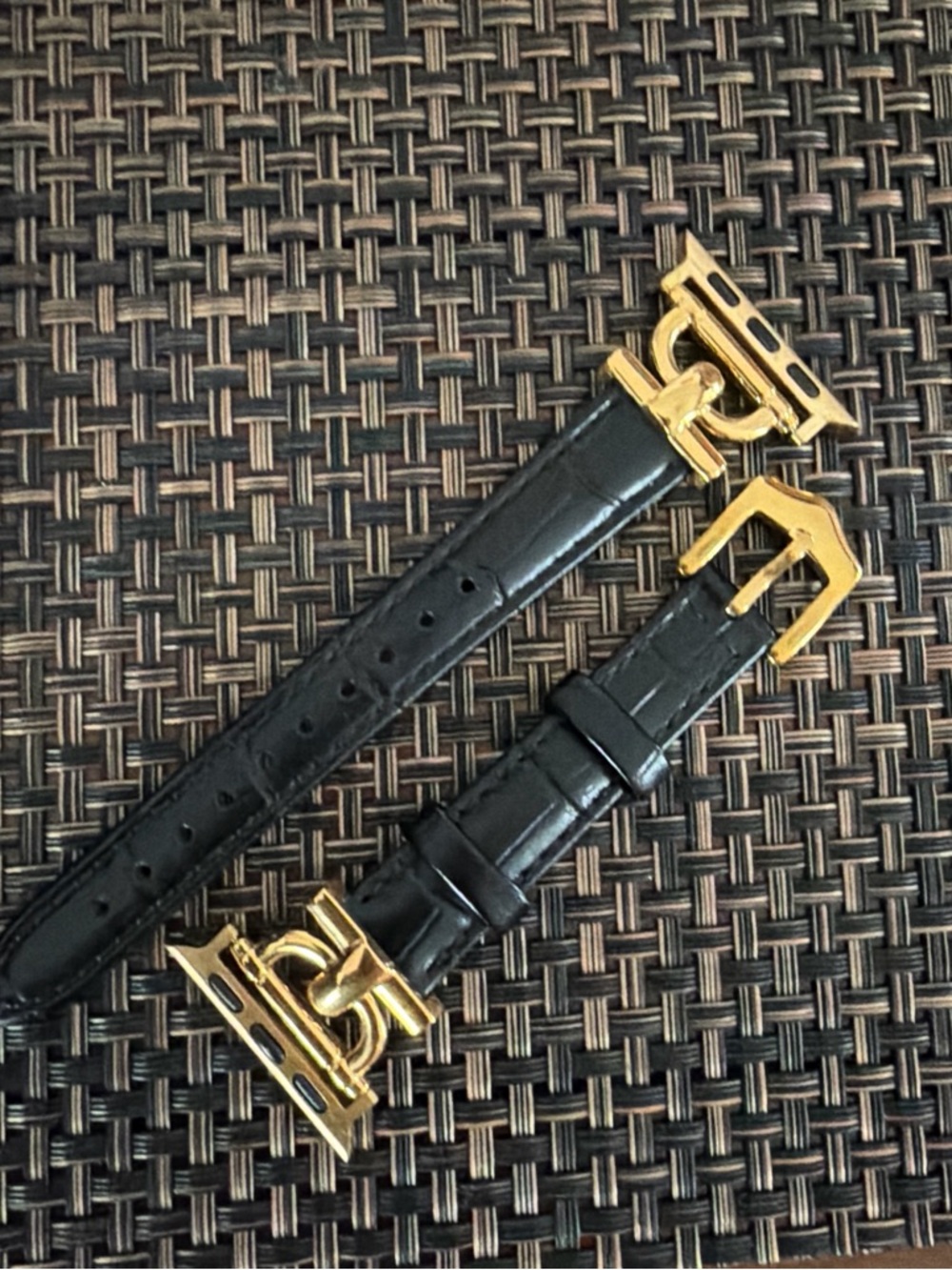 Black Leather Watch Band with Gold Hardware